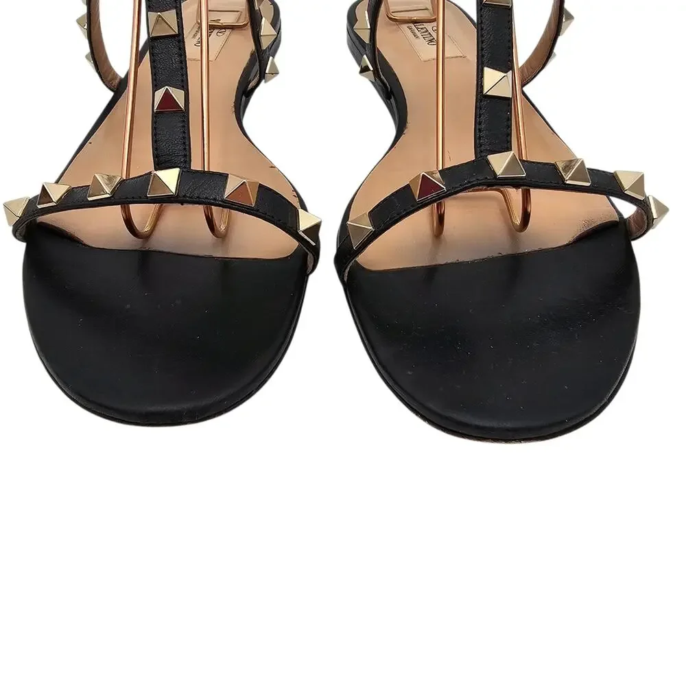 Valentino Garavani Rockstud Cage Flat Sandal Black Leather Gold Size 39.5 9.5